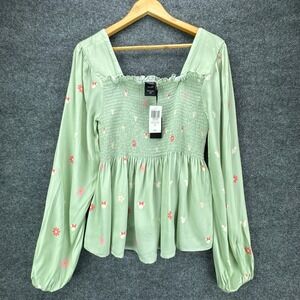 Disney Her Universe Top Womens Large Green Smocked Peplum Blouse Mickey Minnie